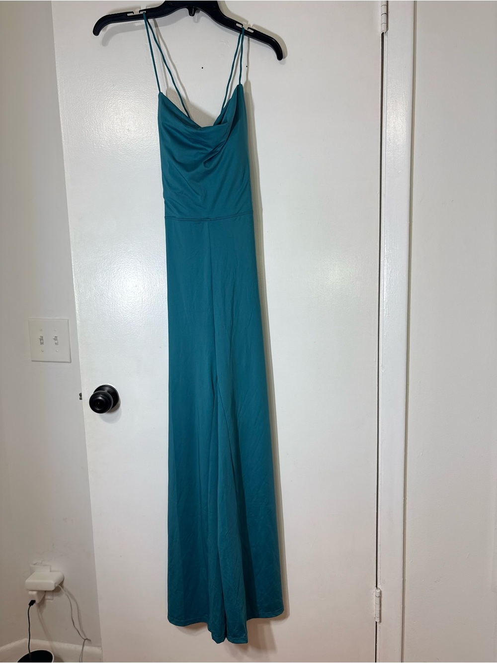 Halara Wide Leg Cowl Neck Crisscross Back Teal Removable Pads Jumpsuit NWT Sz M - Picture 2 of 13